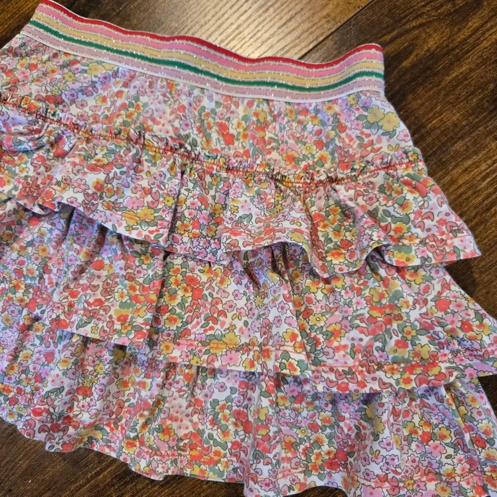 Boden Girls Floral Tiered Ruffle Skort Rainbow Glitter Waistband Size 5-6Y 116cm